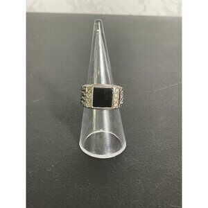 Vintage Silver Ring With Black Stone & Ornate Design